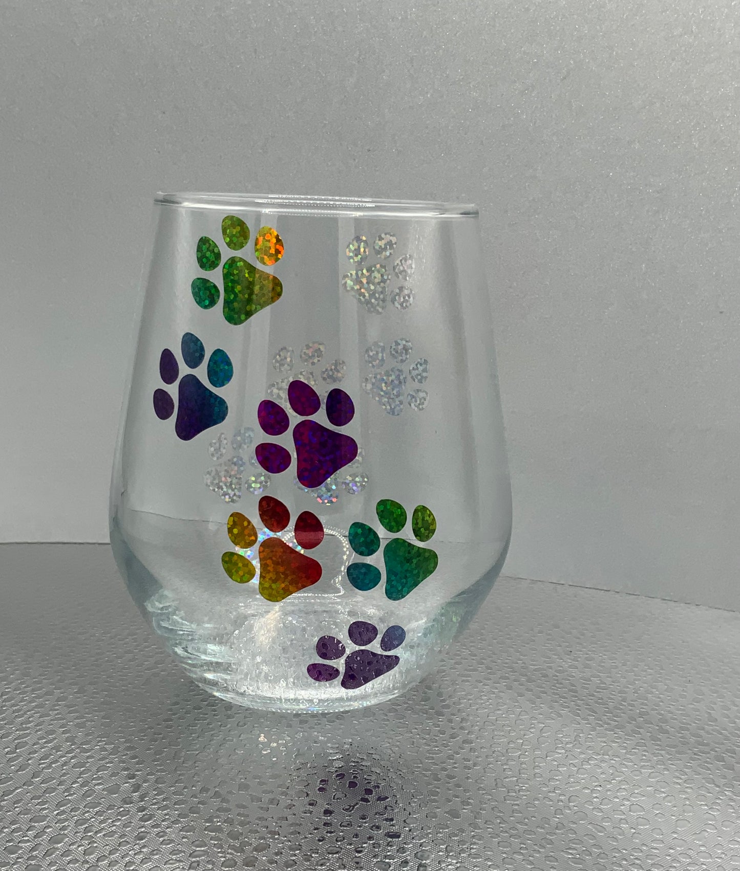 Rainbow Paw Print Stemless Wine Glass