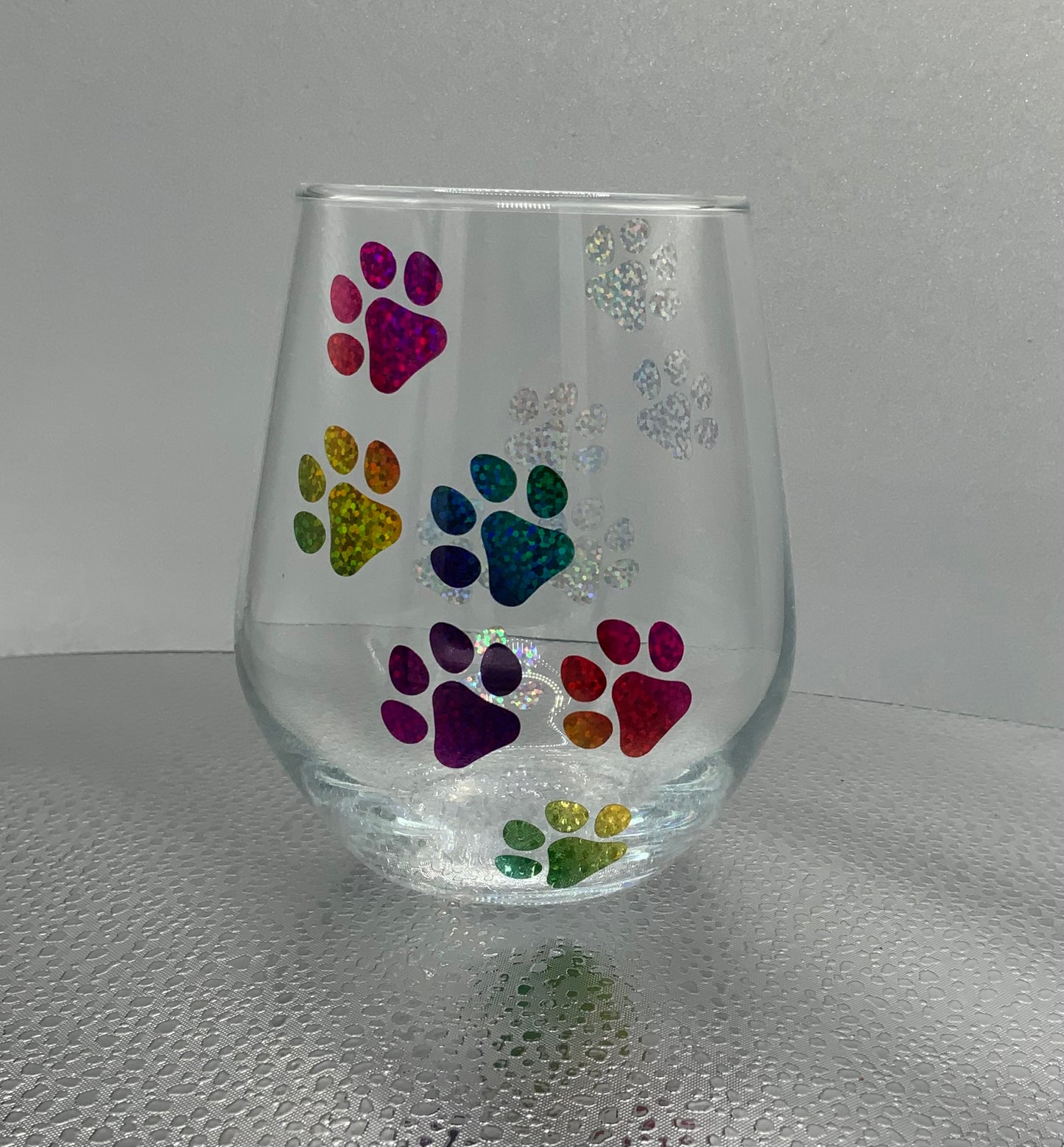Rainbow Paw Print Stemless Wine Glass